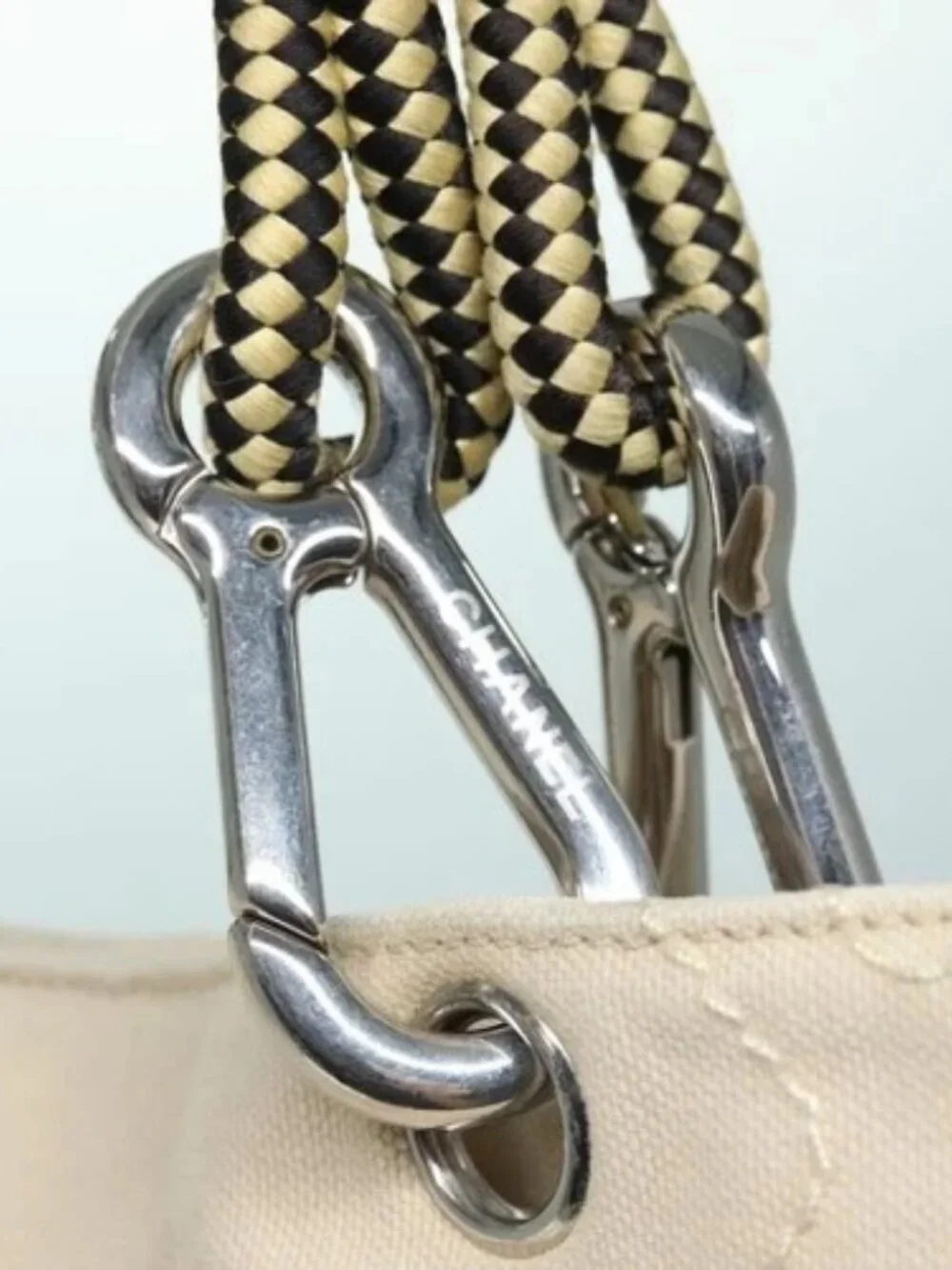 CHANEL COCO Mark Tote Bag Canvas Beige Silver CC Auth bs18464